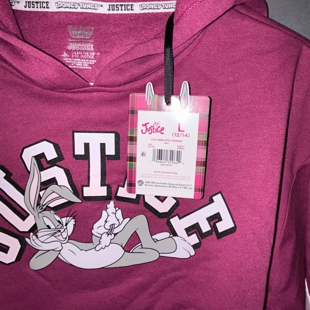 Girls Hoodie Pull Over Justice Bugs Bunny Magenta Colorblock Size L‎ 12/14 NEW
